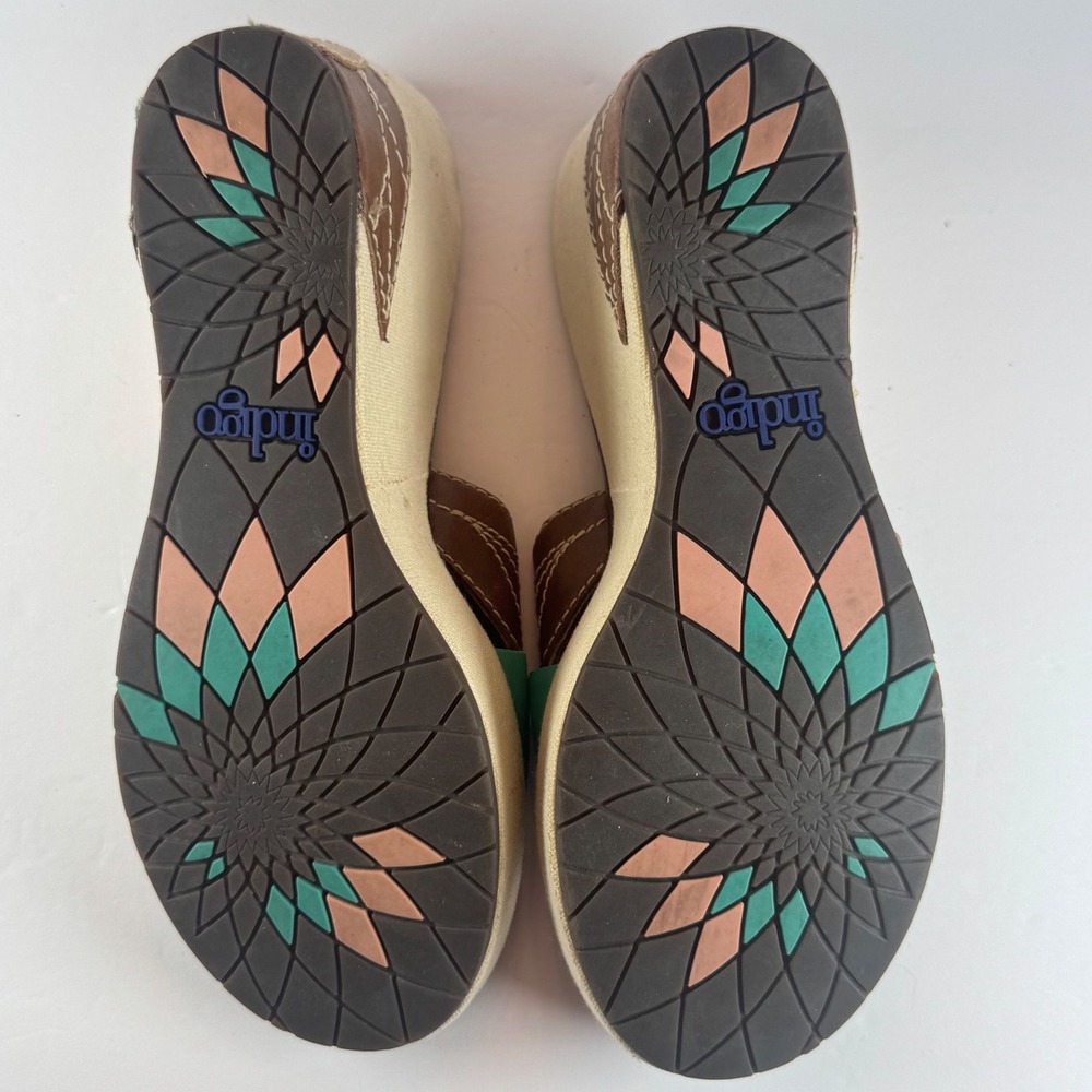 Indigo by Clarks Womens Teal Brown Leather Leaf Wedge Sandals Size 8.5M 80354 - Picture 8 of 10